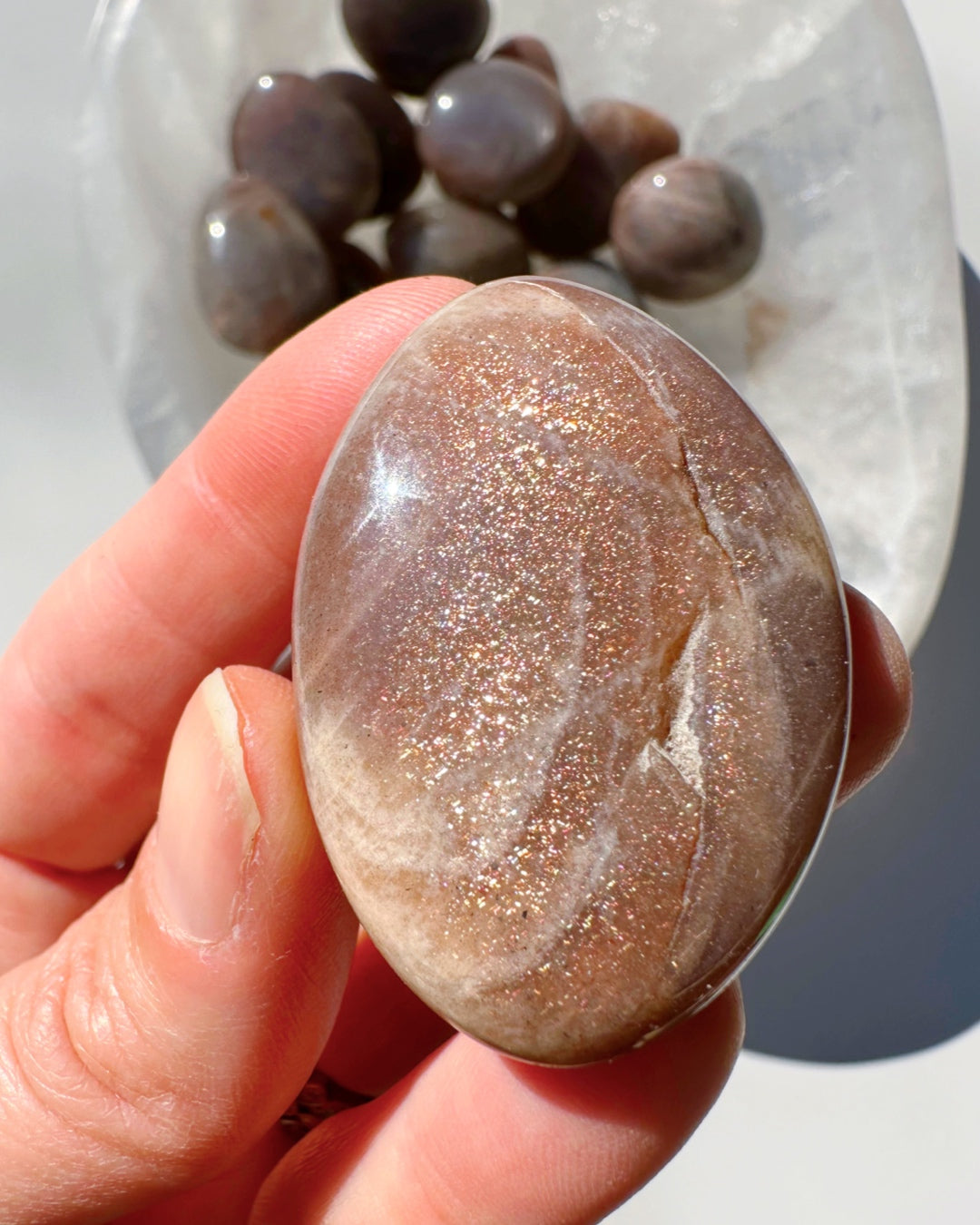 Sunstone &amp; Peach Moonstone Palm Stone - B