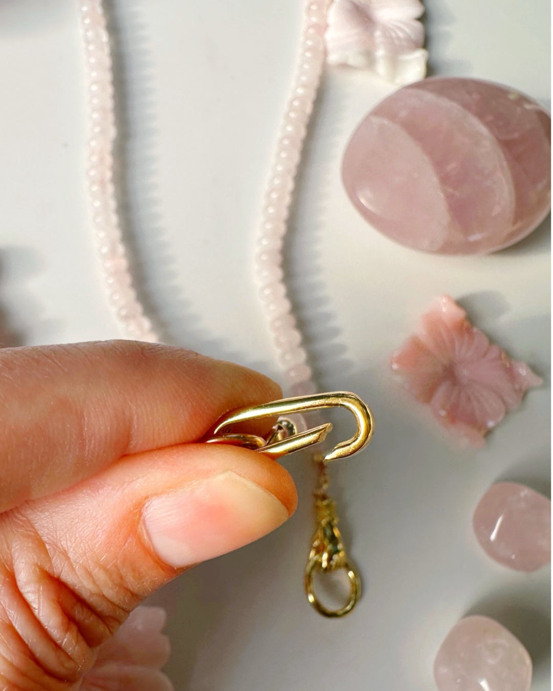 “Hand of Love” Rose Quartz Gemstone Candy Necklace