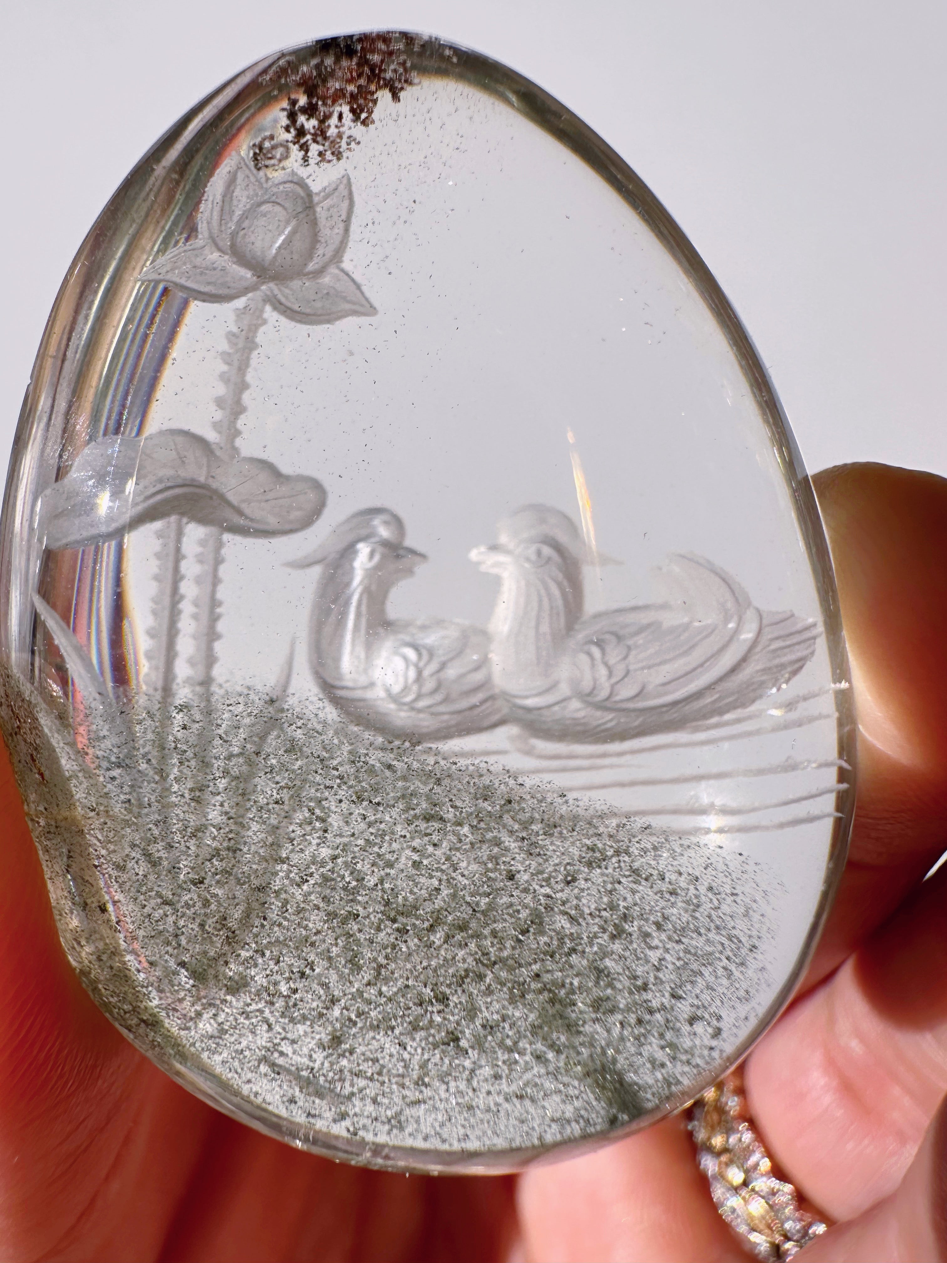 Intaglio Carved Love Birds in a the water Chlorite Quartz/Garden Quartz Cabochon Baltic Mermaid