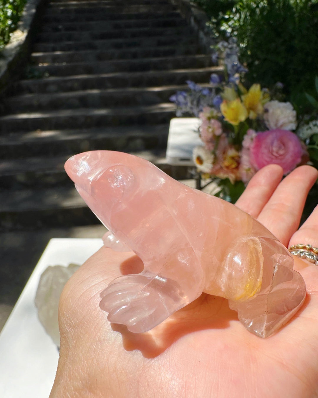 Hand Carved Rose Quartz Frog - Baltic Mermaid