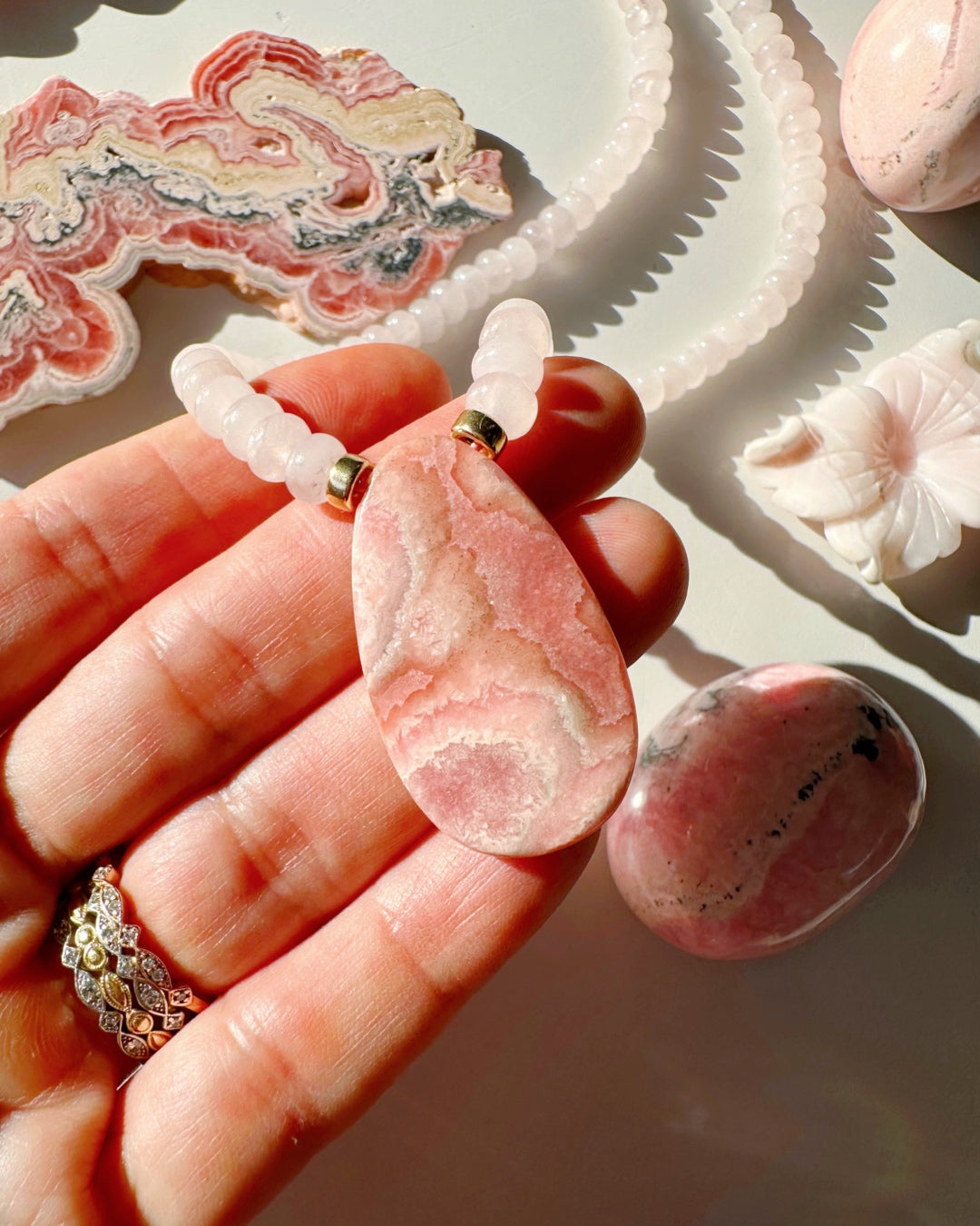 Rhodochrosite &amp; Rose Quartz Gemstone Candy Necklace