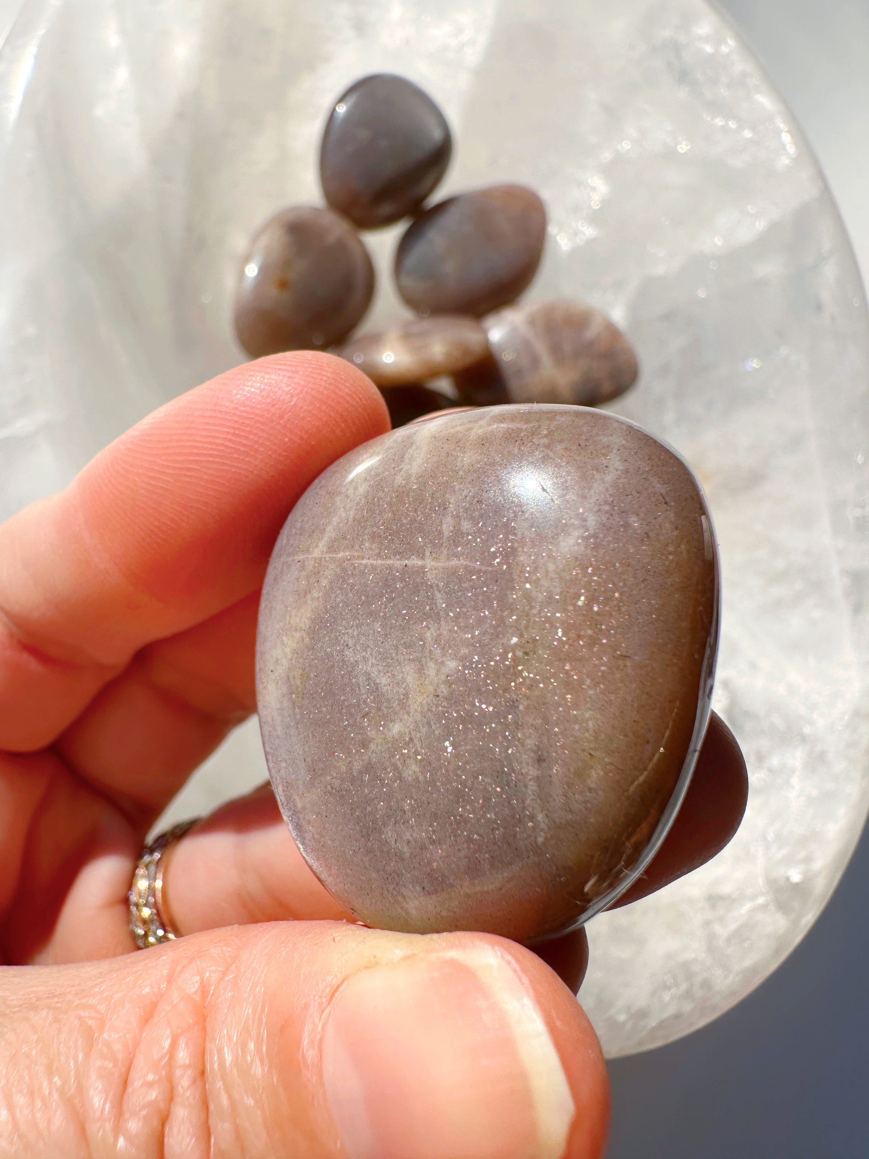 Sunstone & Peach Moonstone Palm Stone - H - Baltic Mermaid