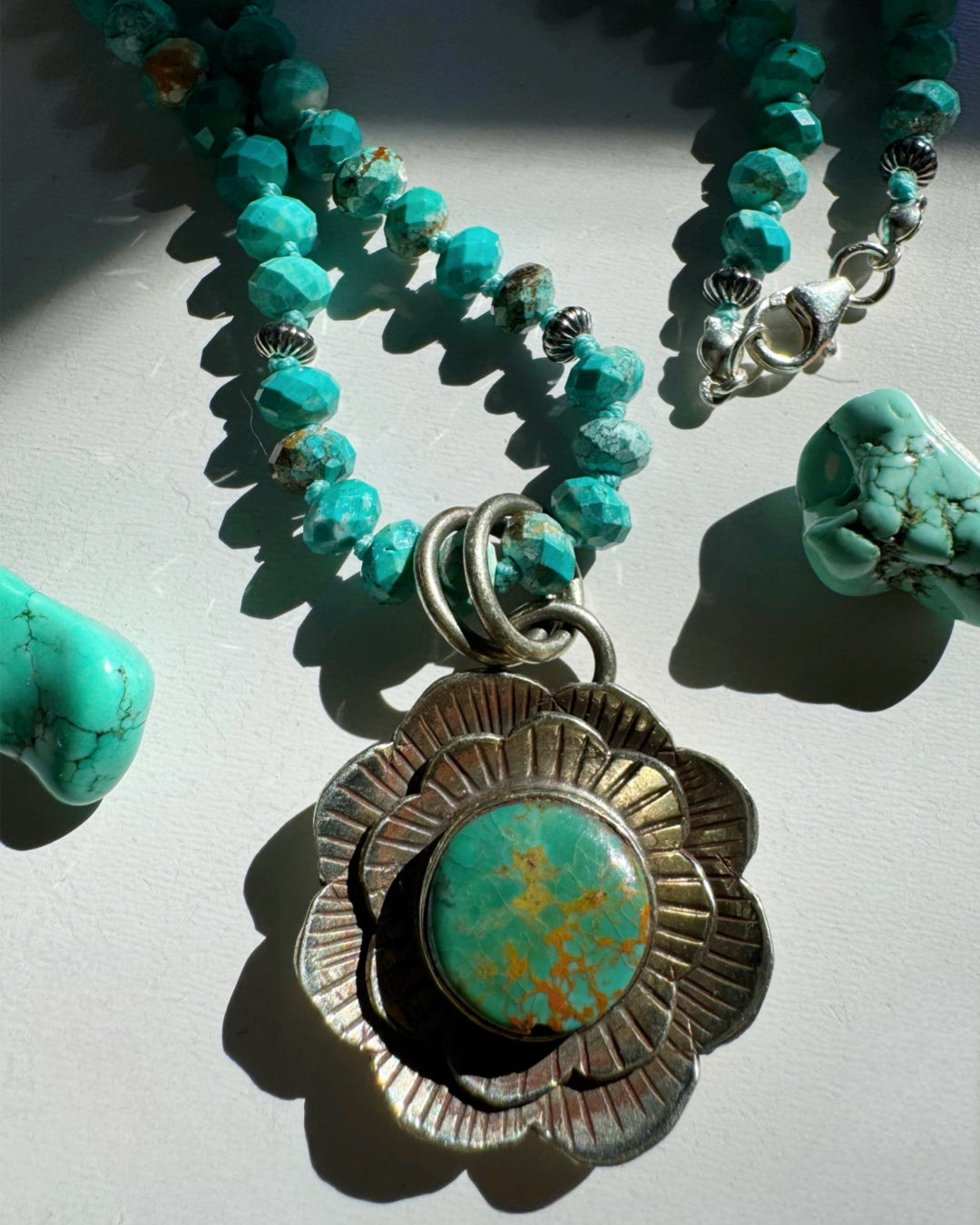 “Chelsea” - Turquoise & Sterling Silver Necklace w/ Flower  Pendant - Baltic Mermaid