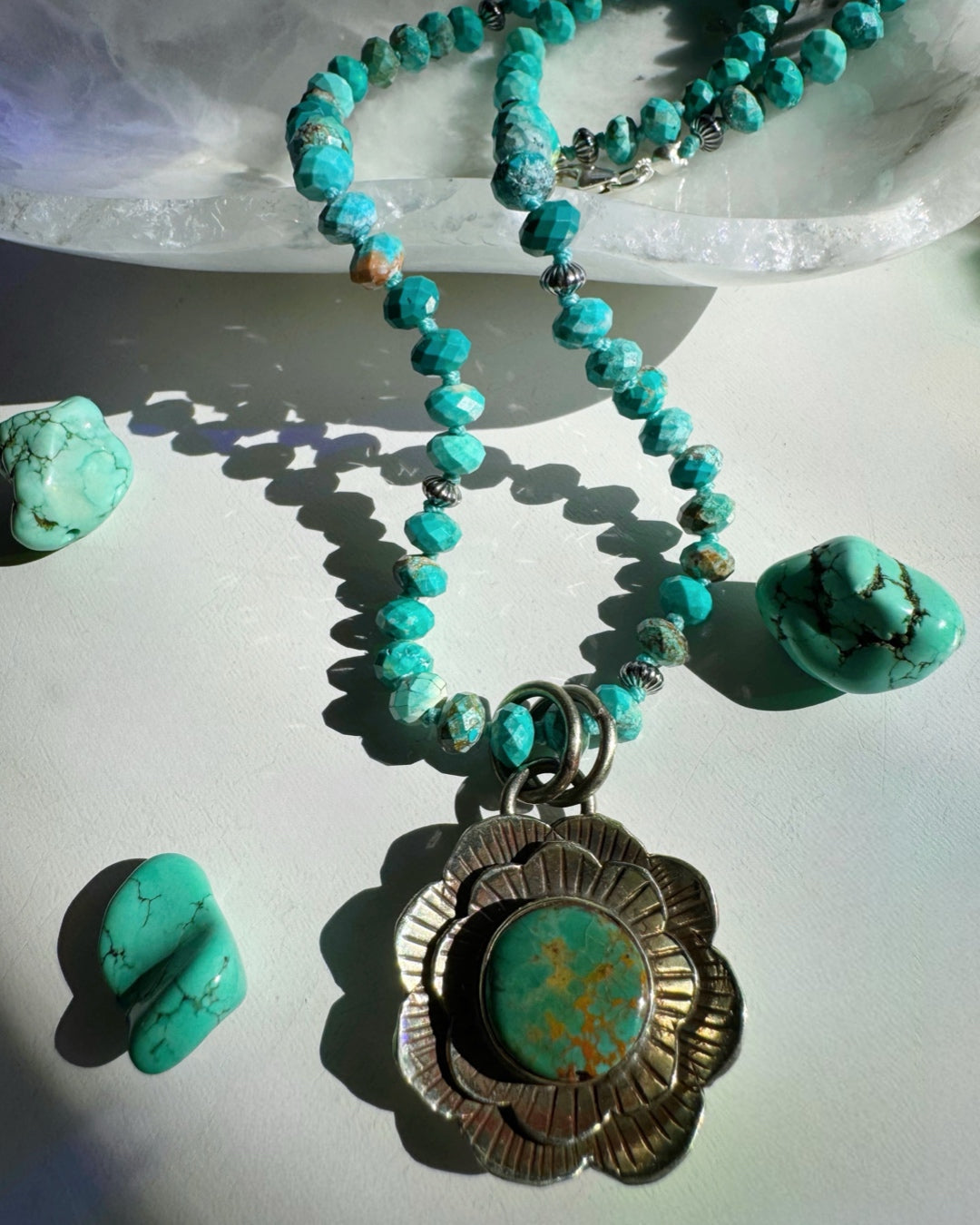 “Chelsea” - Turquoise & Sterling Silver Necklace w/ Flower  Pendant - Baltic Mermaid