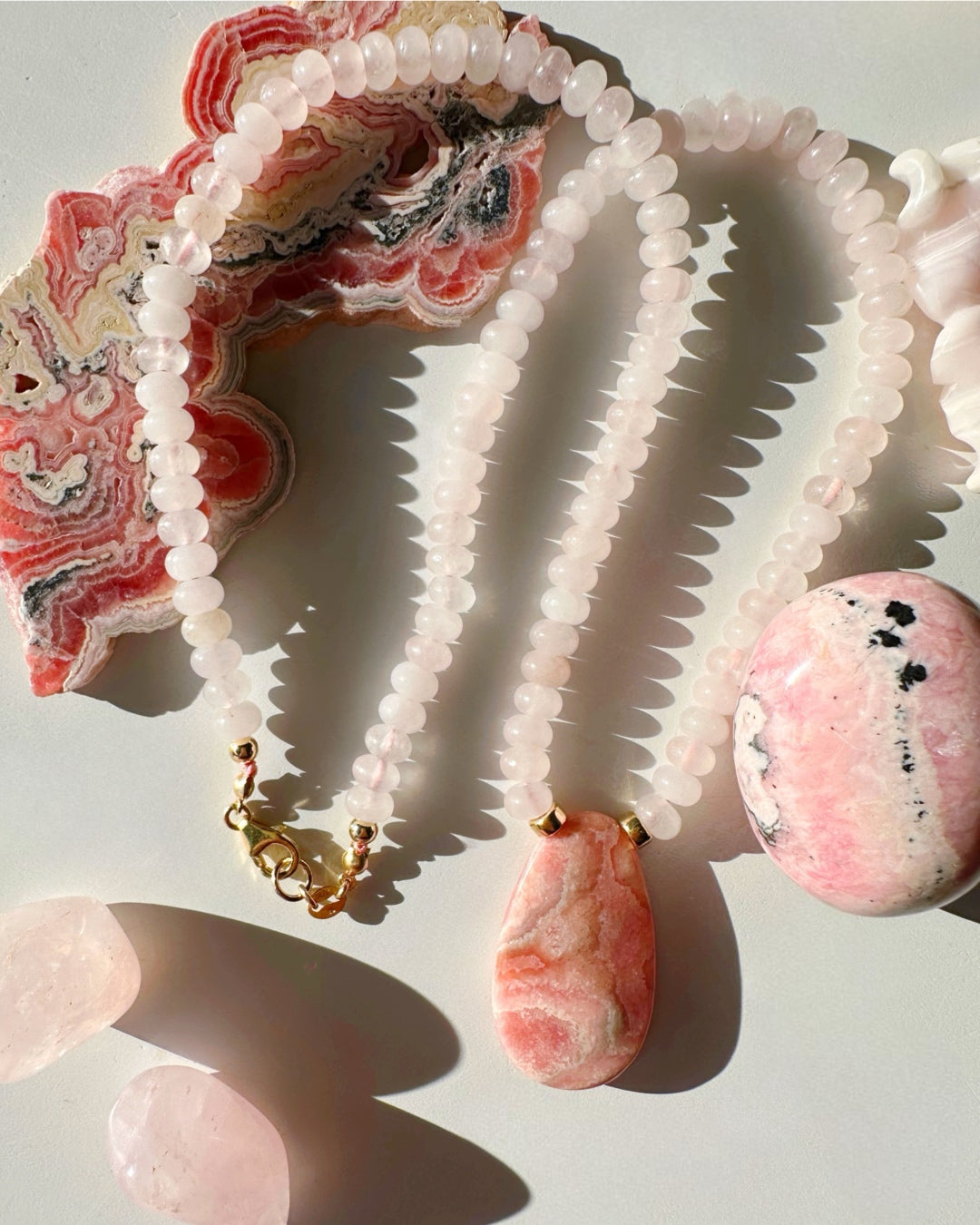 Rhodochrosite &amp; Rose Quartz Gemstone Candy Necklace