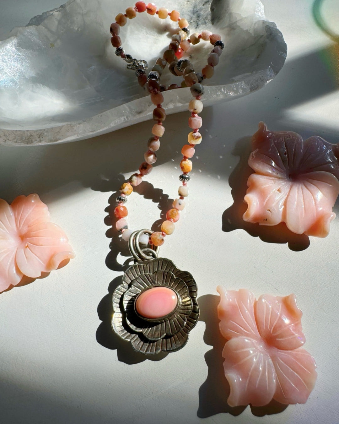 “Chelsea” - Pink Opal & Sterling Silver Necklace w/ Flower Conch Pewter Pendant - Baltic Mermaid