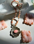 “Chelsea” - Pink Opal & Sterling Silver Necklace w/ Flower Conch Pewter Pendant