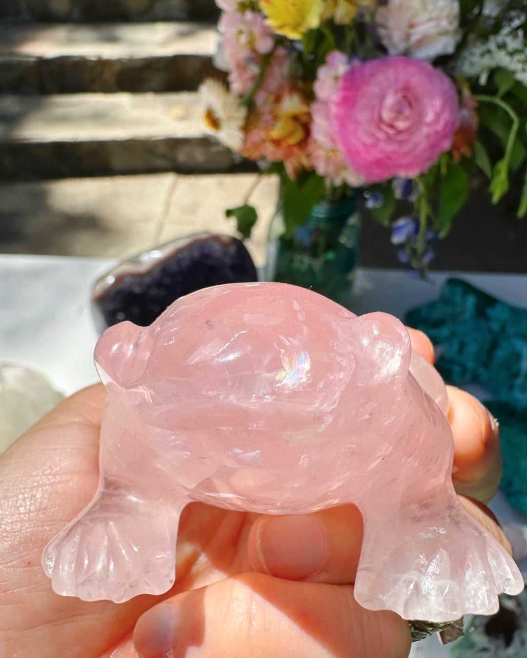 Hand Carved Rose Quartz Frog