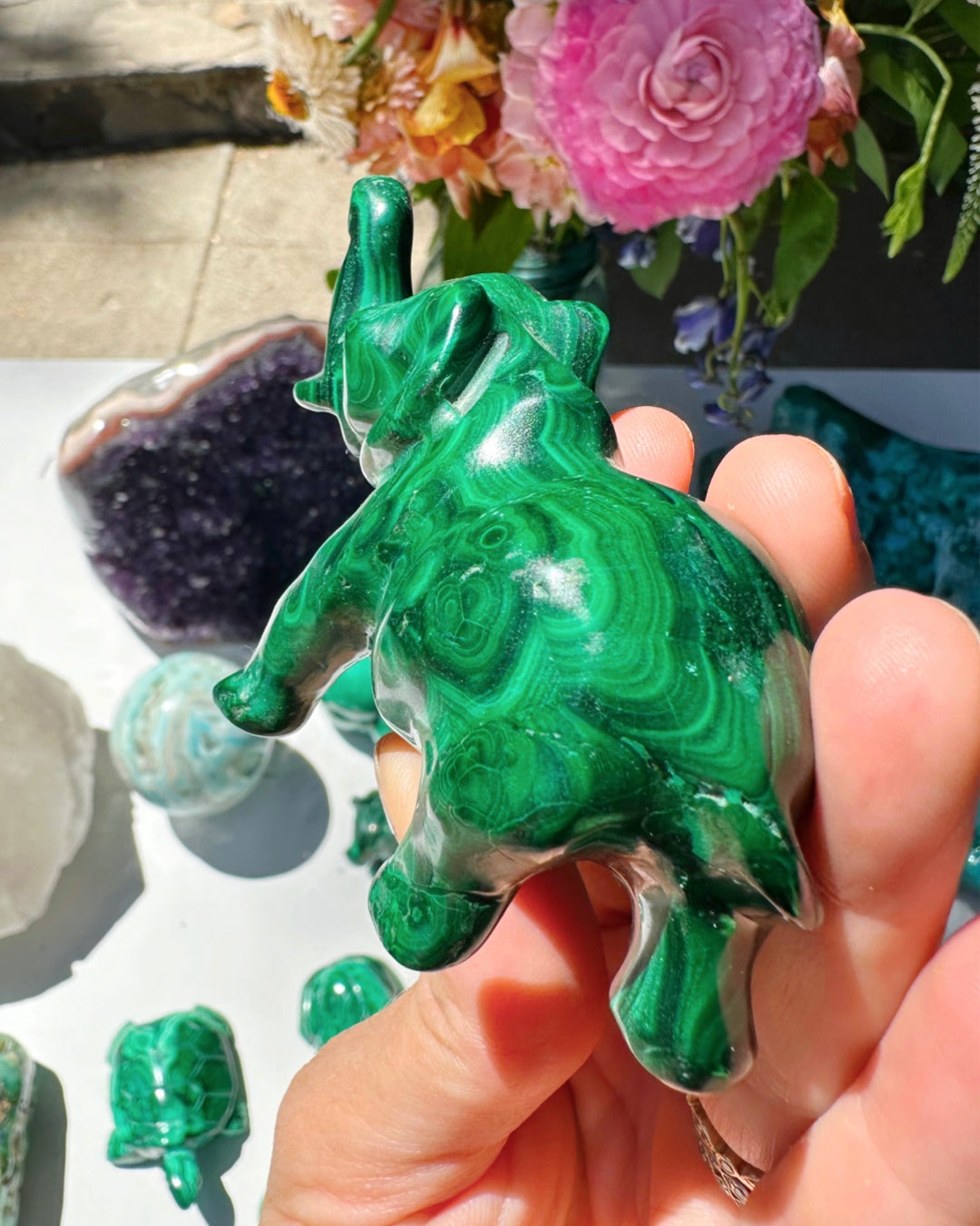 Hand Carved Malachite Elephant