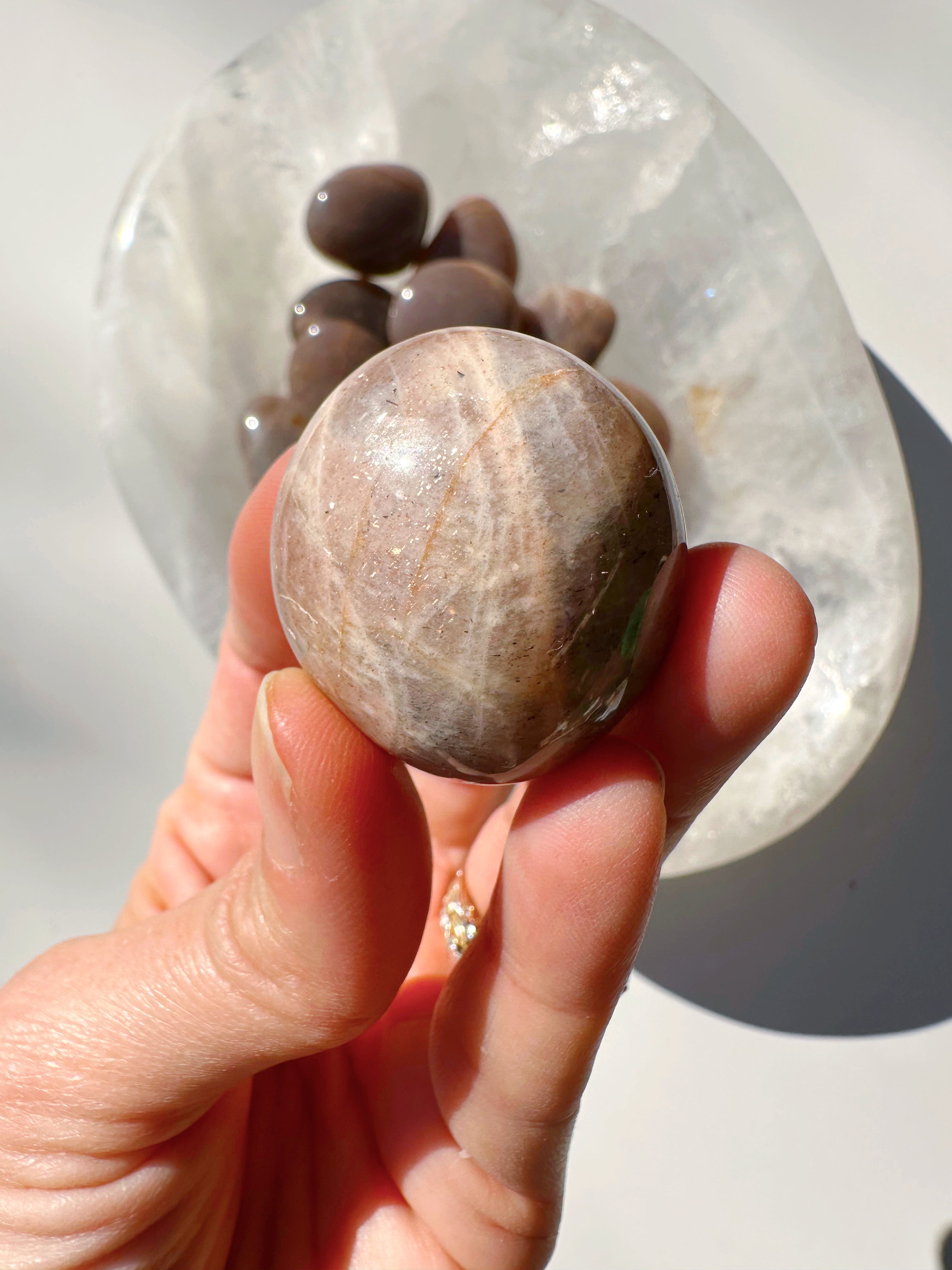 Sunstone & Peach Moonstone Palm Stone - E - Baltic Mermaid