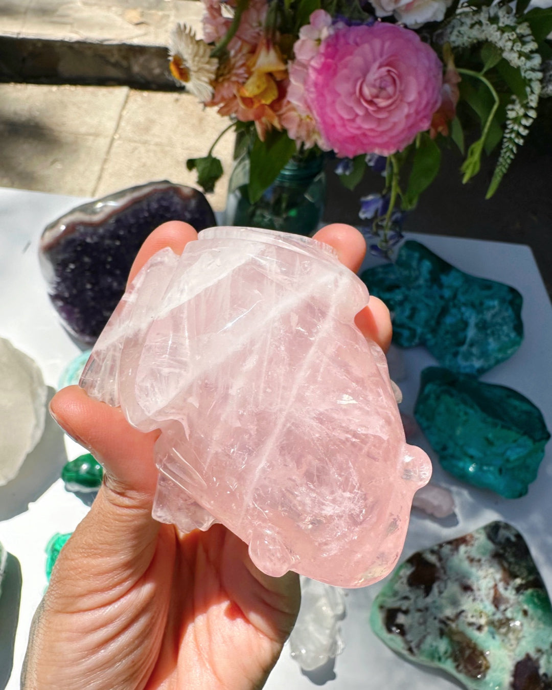 Hand Carved Rose Quartz Frog - Baltic Mermaid