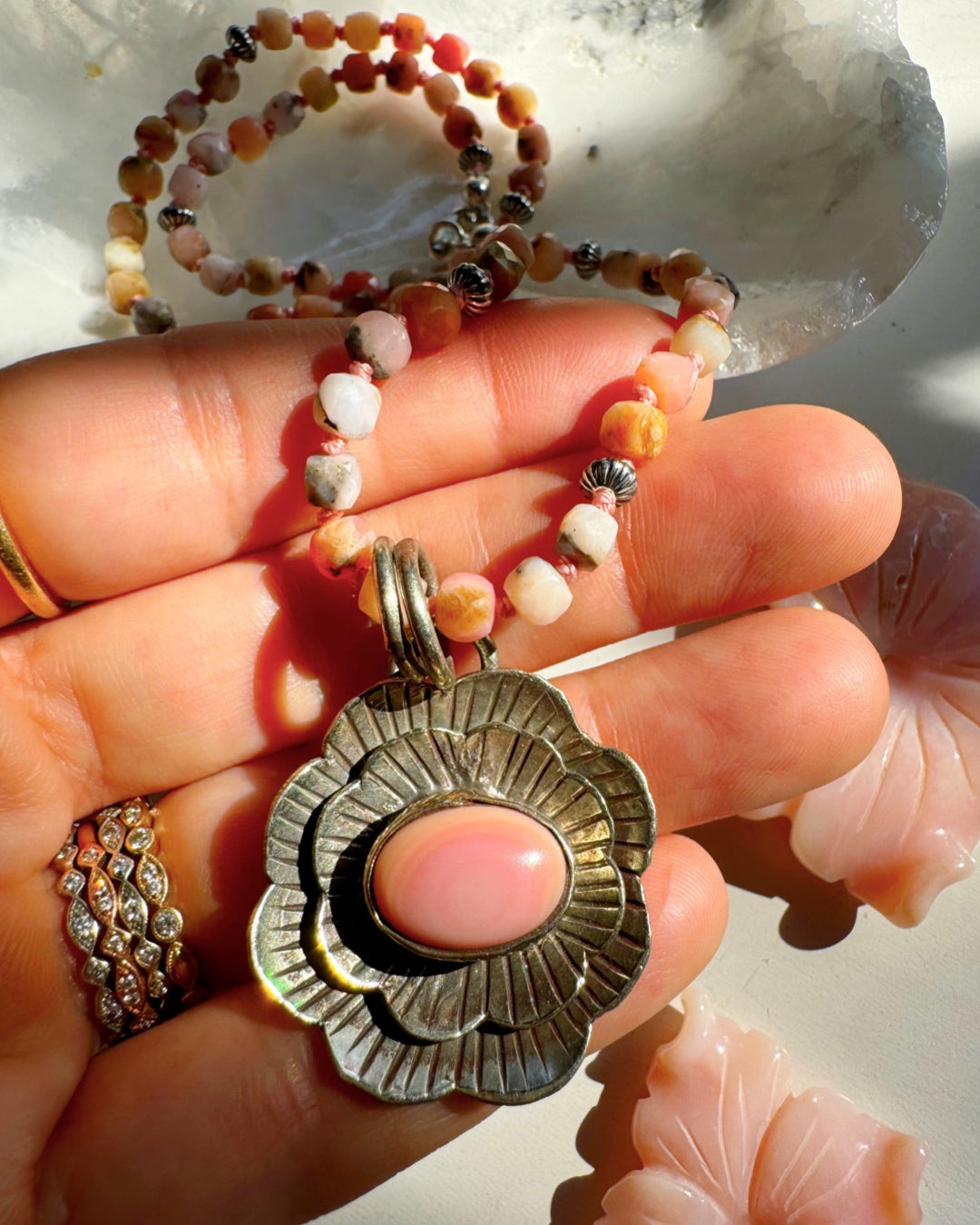 “Chelsea” - Pink Opal & Sterling Silver Necklace w/ Flower Conch Pewter Pendant - Baltic Mermaid