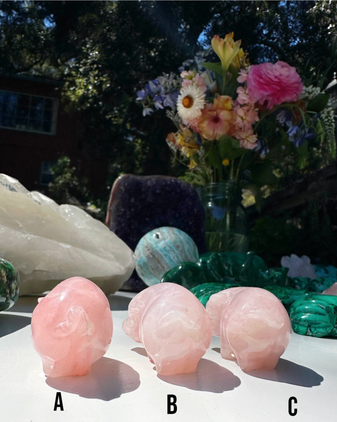 Hand Carved Rose Quartz Pigs - Baltic Mermaid