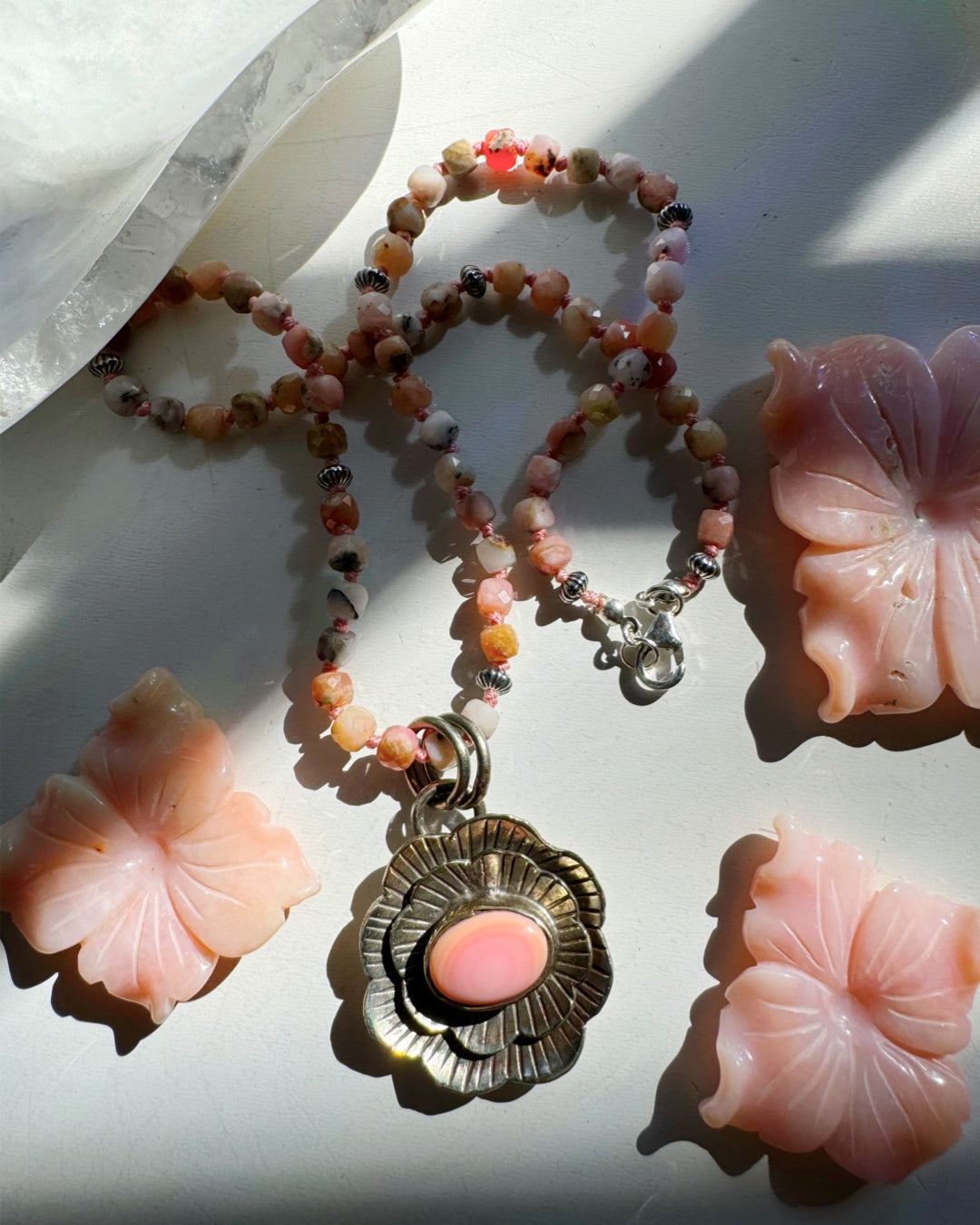 “Chelsea” - Pink Opal & Sterling Silver Necklace w/ Flower Conch Pewter Pendant - Baltic Mermaid