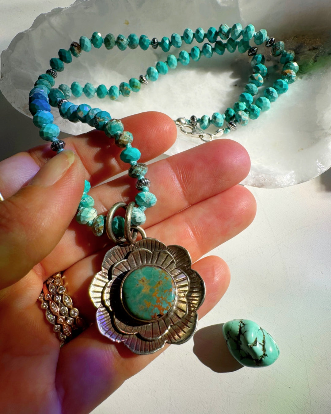 “Chelsea” - Turquoise & Sterling Silver Necklace w/ Flower  Pendant - Baltic Mermaid