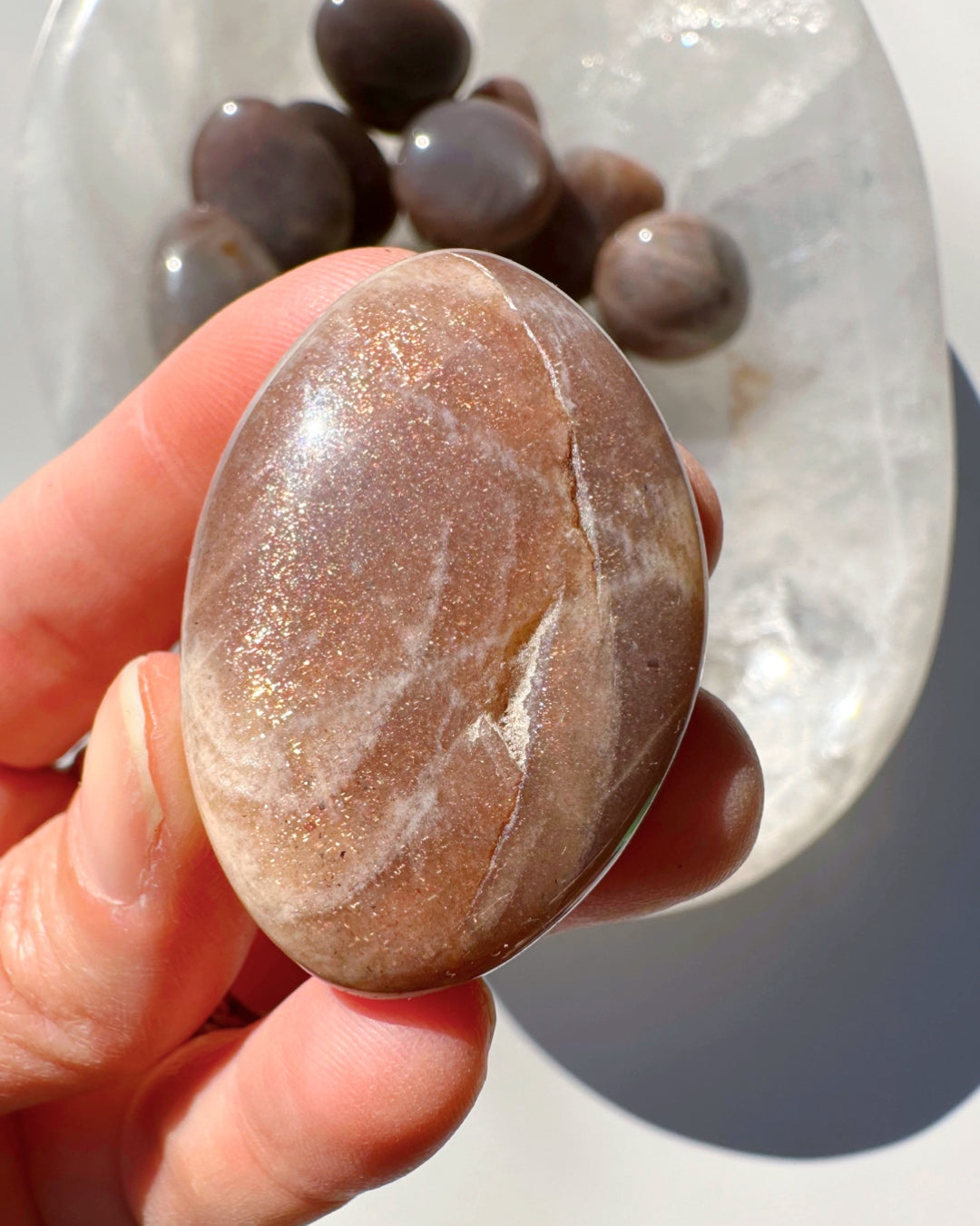 Sunstone &amp; Peach Moonstone Palm Stone - B