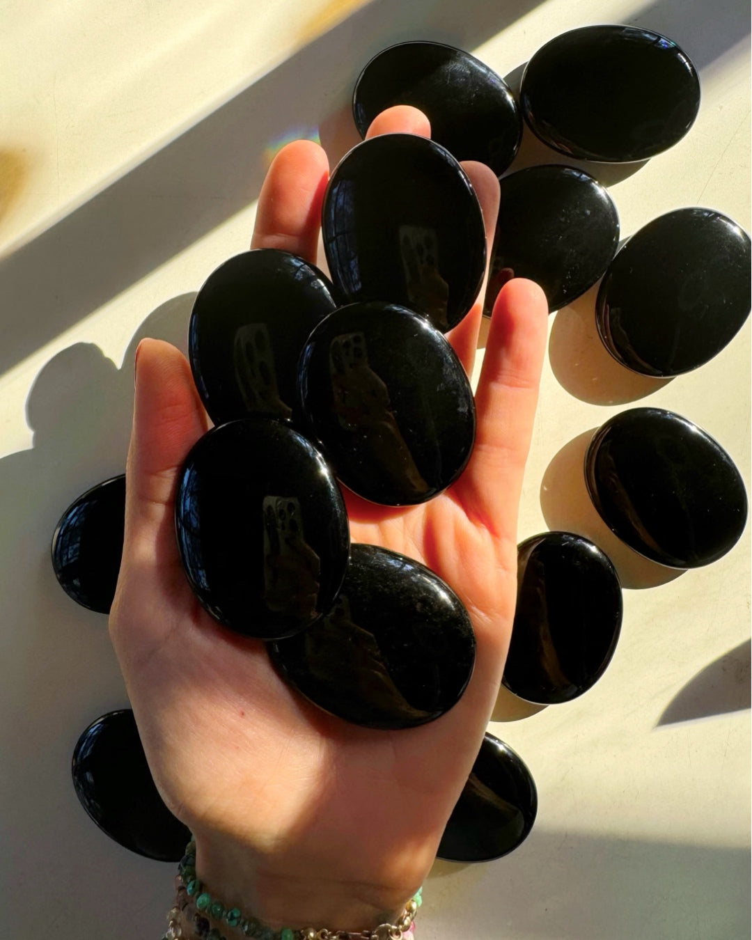 Black Obsidian Flat Palm Stones - Baltic Mermaid