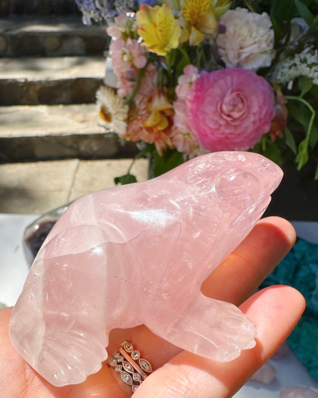 Hand Carved Rose Quartz Frog