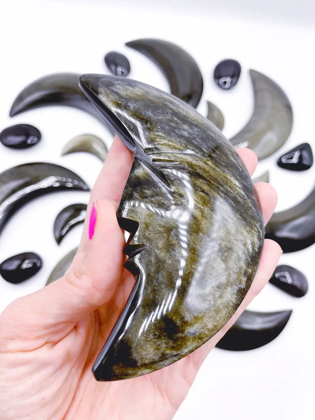 Gold Sheen Obsidian Moon w/ Carved Face - Baltic Mermaid