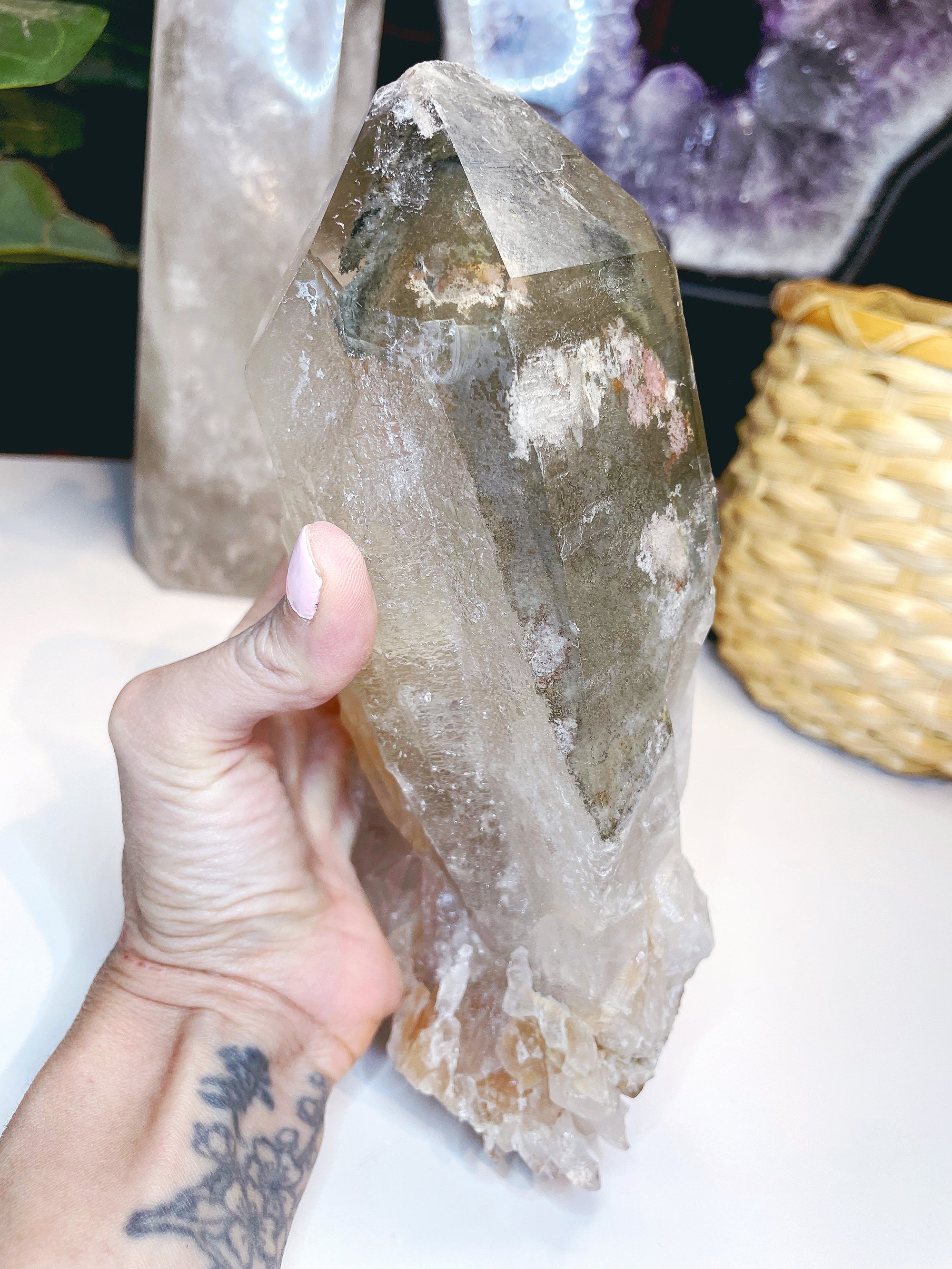 Large Natural Smoky Quartz Point w/ Chlorite Phantoms