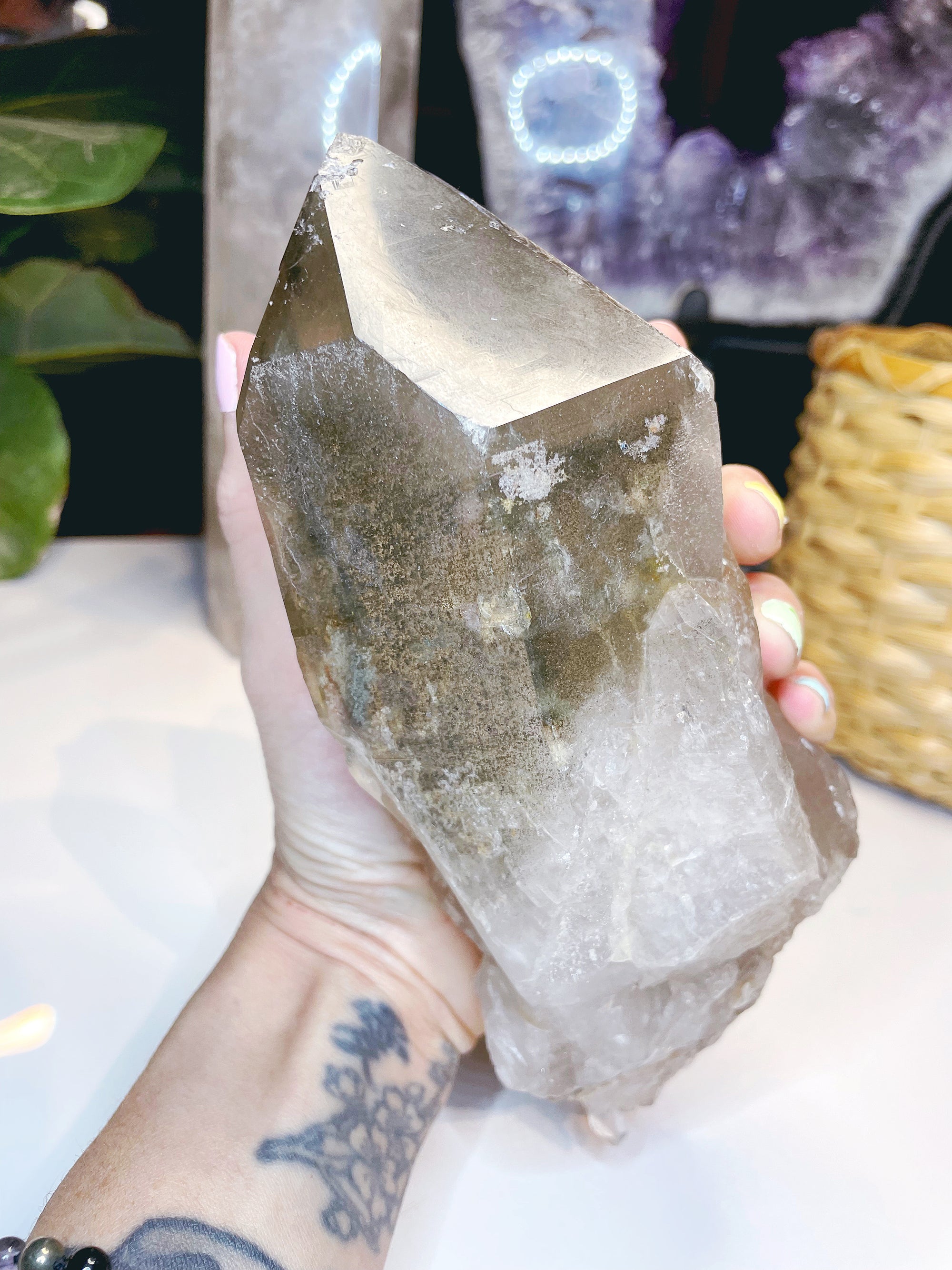 Large Natural Smoky Quartz Point w/ Chlorite Phantoms