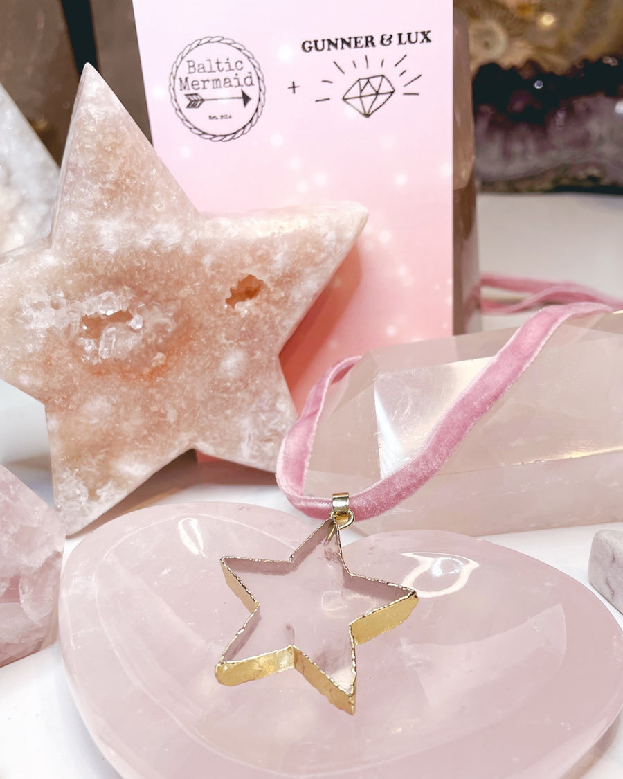 ROSE QUARTZ STAR NECKLACE WITH VELVET DYED RIBBON COLLABORATION WITH GUNNER & LUX 