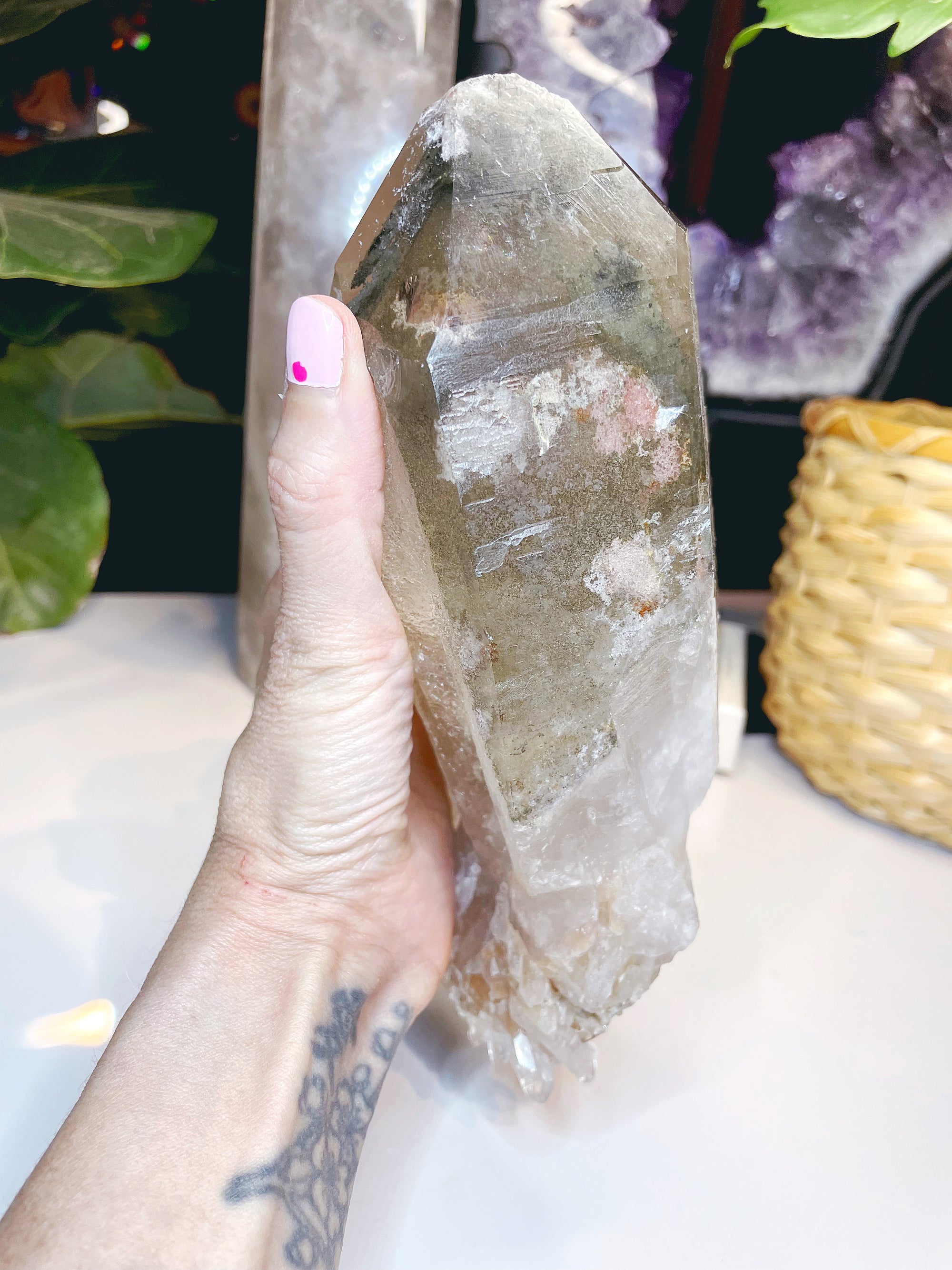 Large Natural Smoky Quartz Point w/ Chlorite Phantoms