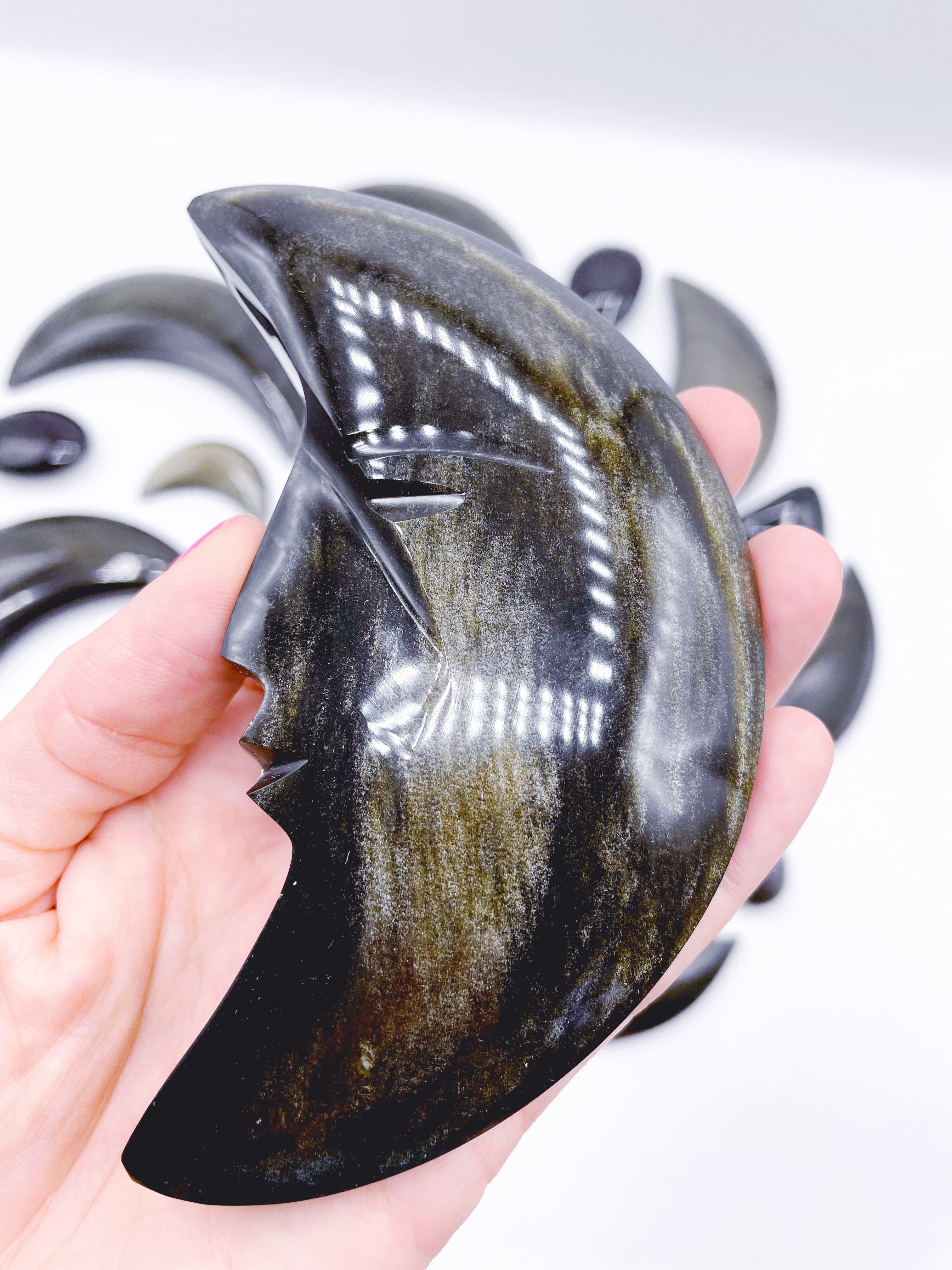 Gold Sheen Obsidian Moon w/ Carved Face - Baltic Mermaid