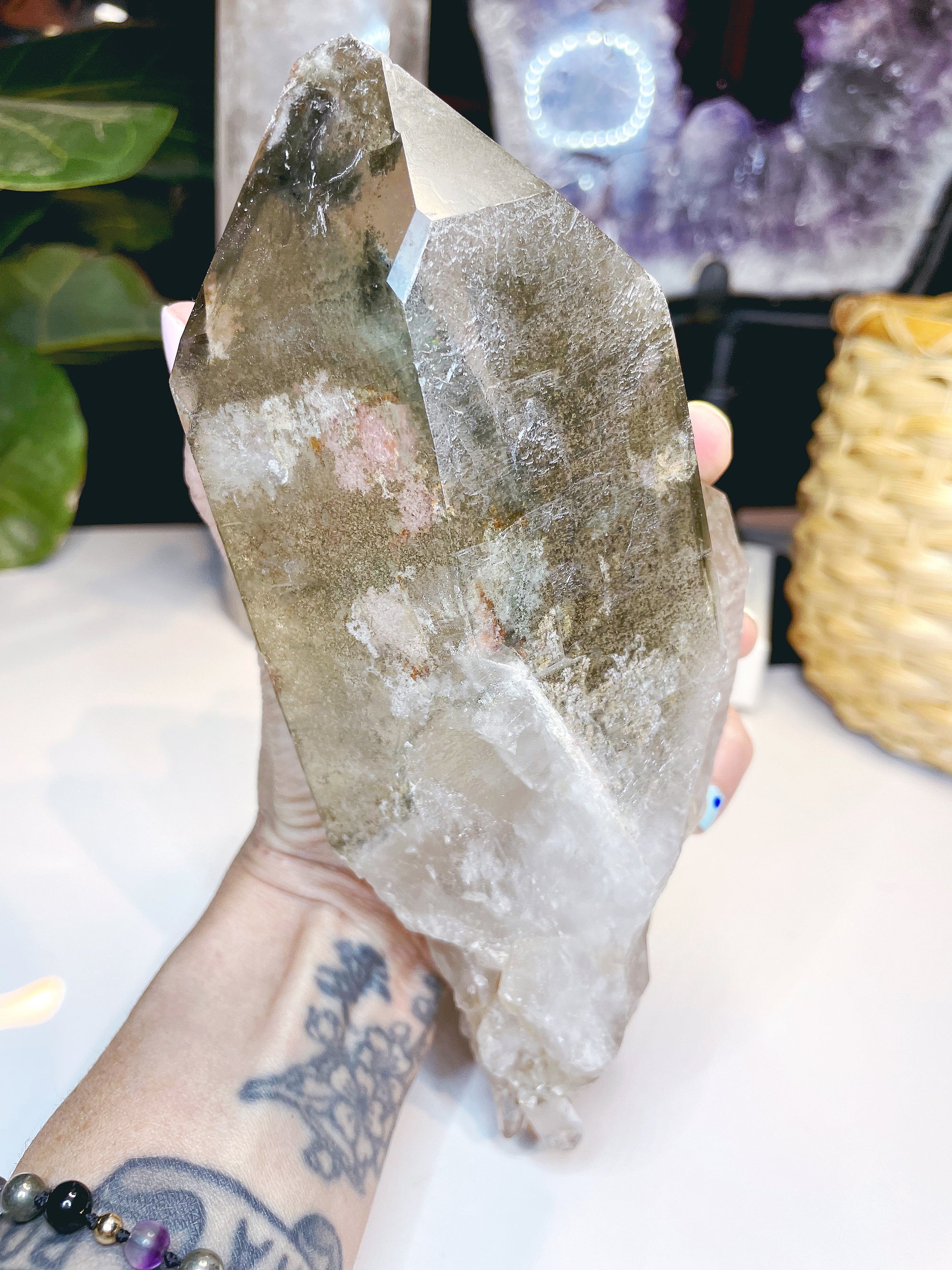 Large Natural Smoky Quartz Point w/ Chlorite Phantoms